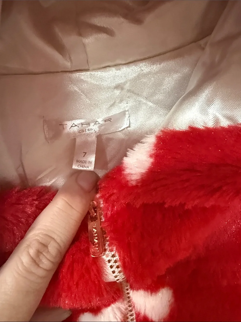 Tahari Red Fuzzy Hooded Jacket with White Heart Print